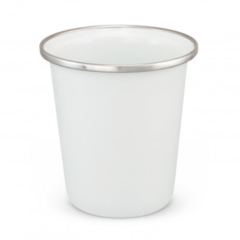 Set of 6 durable white enamel tumblers, 230ml, ideal for outdoor activities like camping and picnics.
