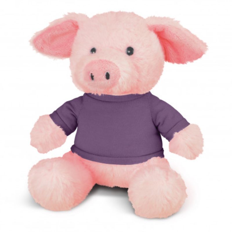 Set of 3 plush pig toys in pink with purple shirts, 200mm high, perfect for cuddling and imaginative play.