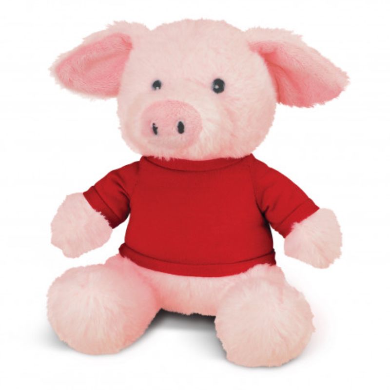 Soft pink plush pig toys wearing red t-shirts; set of 3, perfect for cuddling and imaginative play.