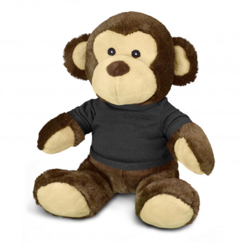 Three adorable black t-shirt wearing plush monkeys, perfect for snuggling and imaginative play, measuring 220mm seated.