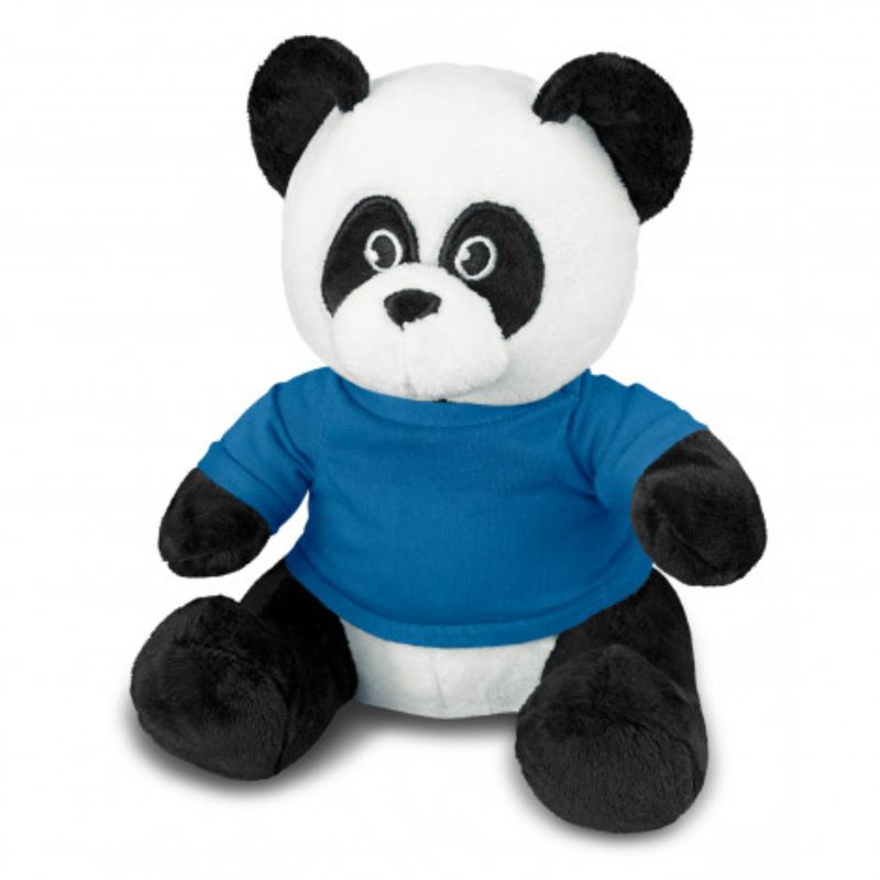 Set of 3 soft panda plush toys in black, white, and dark blue t-shirts, perfect for snuggling and gifting.
