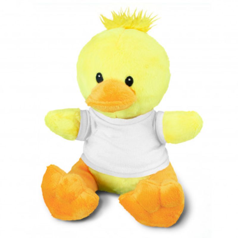 Set of 3 soft duck plush toys in yellow and orange with white t-shirts, perfect for cuddles and imaginative play.