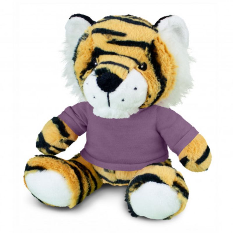 Set of 3 plush tiger toys in orange, black, and purple t-shirts, perfect for cuddling and imaginative play.
