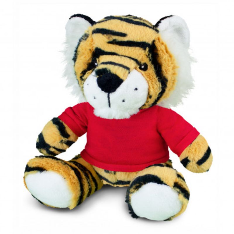 Set of 3 plush tiger toys in orange, black, and red t-shirts, perfect for cuddling and imaginative play for kids.