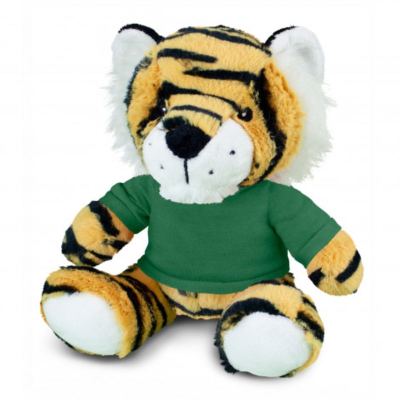Set of 3 plush tiger toys in orange, black, and dark green t-shirts, soft and perfect for cuddling or playtime.