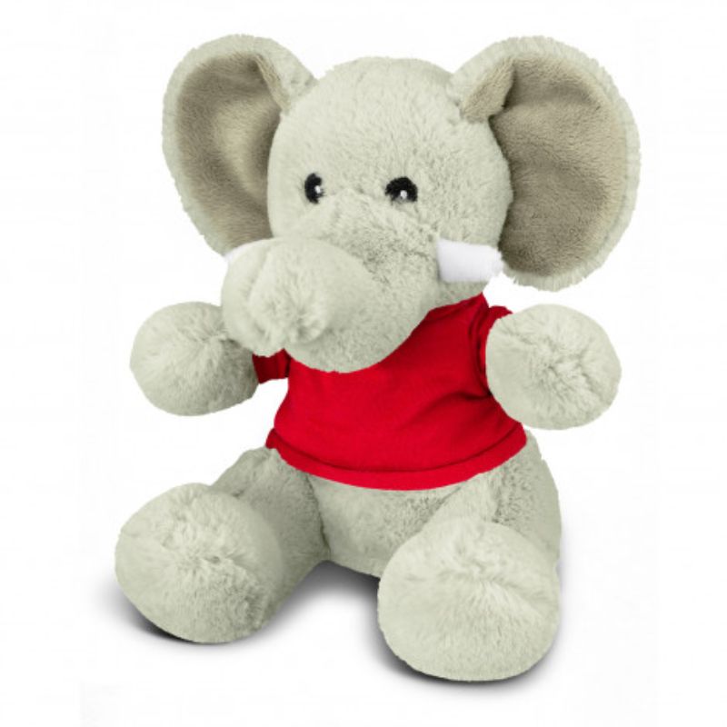 Set of 3 grey elephant plush toys in red t-shirts, perfect for cuddling, imaginative play, or decor.