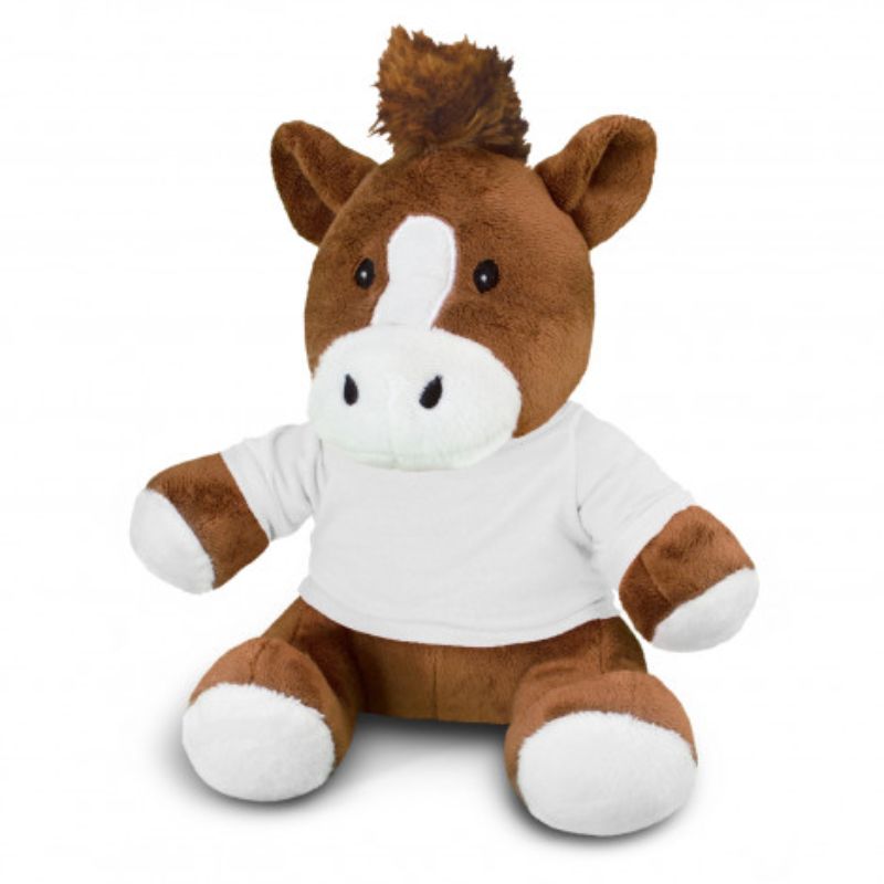 Set of 3 adorable brown and white horse plush toys, each with a stylish t-shirt for imaginative play and cuddly comfort.