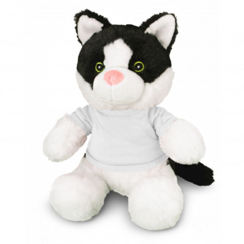 Set of 3 soft black and white cat plush toys with t-shirts, perfect for cuddling and decoration. Each measures 220mm seated.