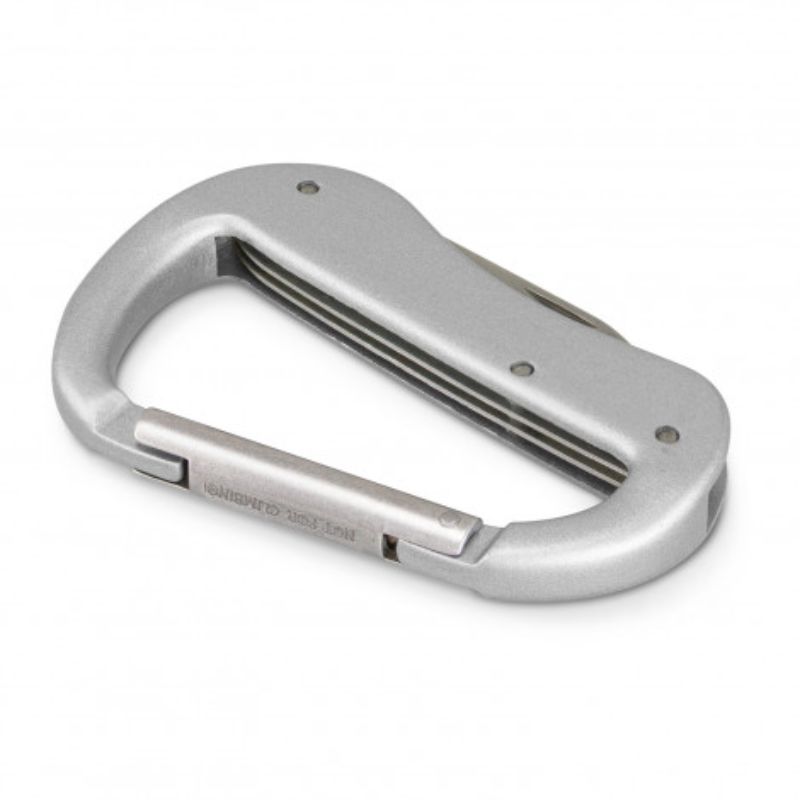 Set of 12 silver carabiner multi-tools with five functions, ideal for outdoor adventures and everyday use.