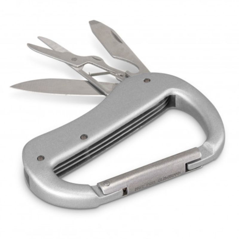 Set of 12 silver carabiner multi-tools with five functions, perfect for outdoor adventures and everyday tasks.