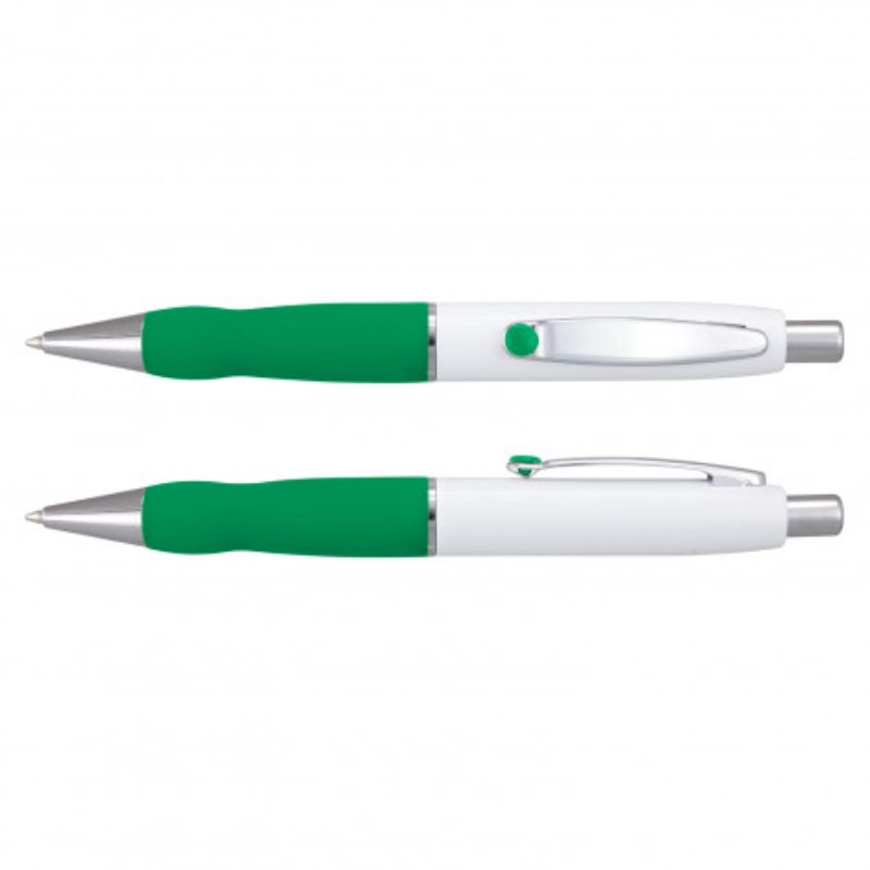 Set of 24 Turbo Barrel Pens in White/Dark Green with retractable design, soft grip, and shiny chrome accents.