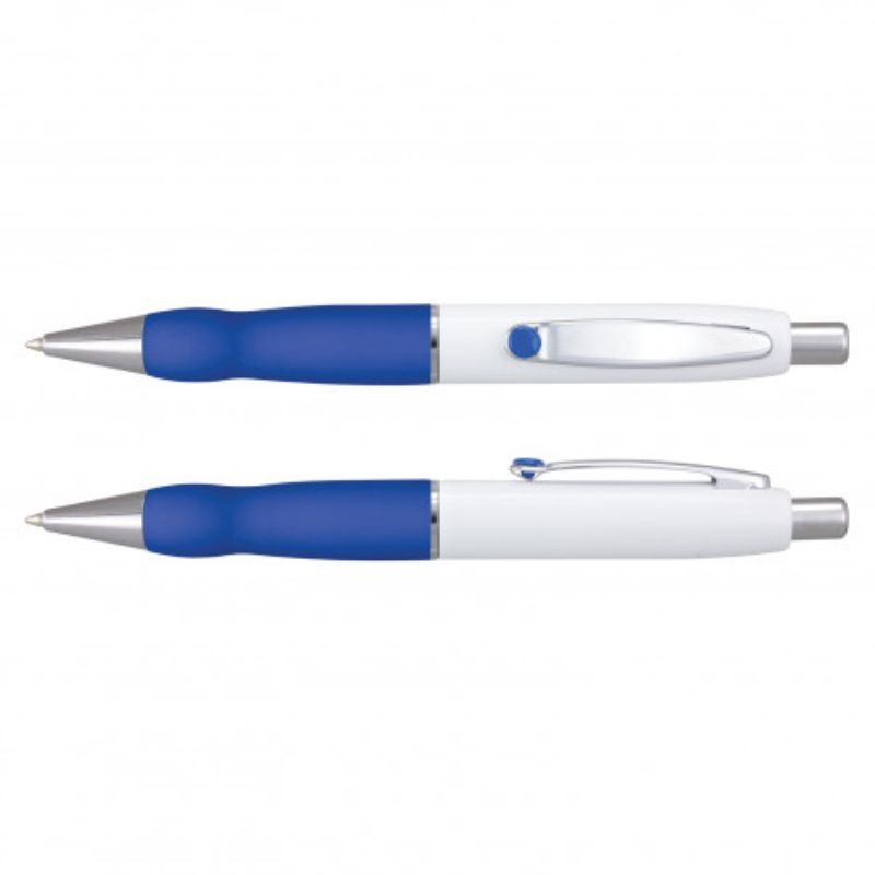 Set of 24 Turbo Barrel Pens in white and dark blue with soft grip, chrome accents, and 1800m black ink refill.