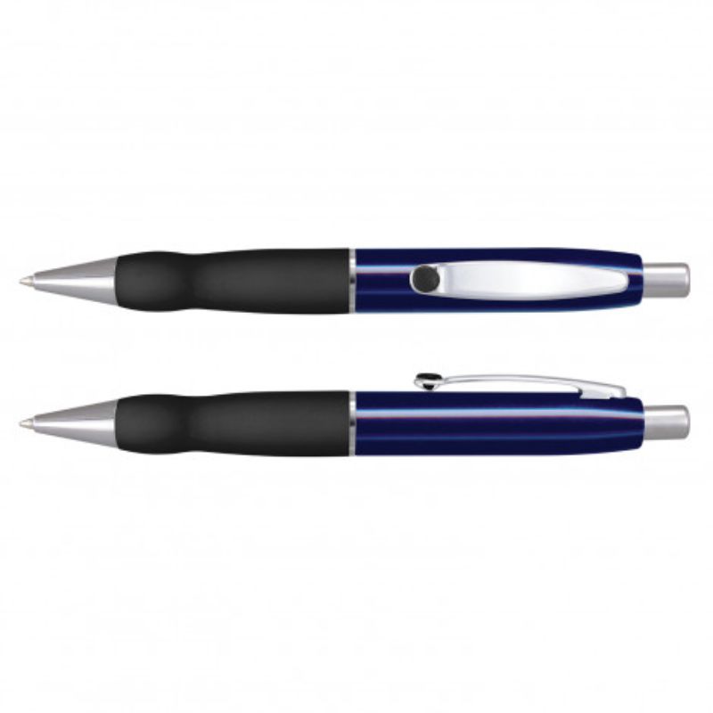 Set of 24 sleek dark blue retractable pens with rubber grip, chrome accents, and high-capacity German-made ink.