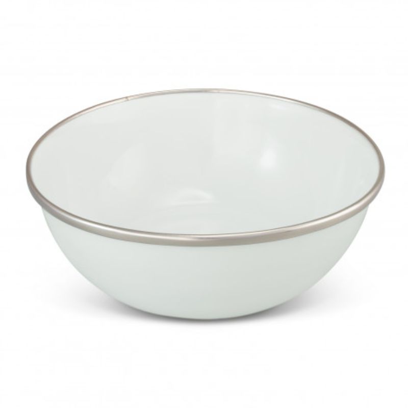Set of 6 stylish white enamel bowls, perfect for outdoor dining and versatile use. Durable, BPA-free, handwash only.