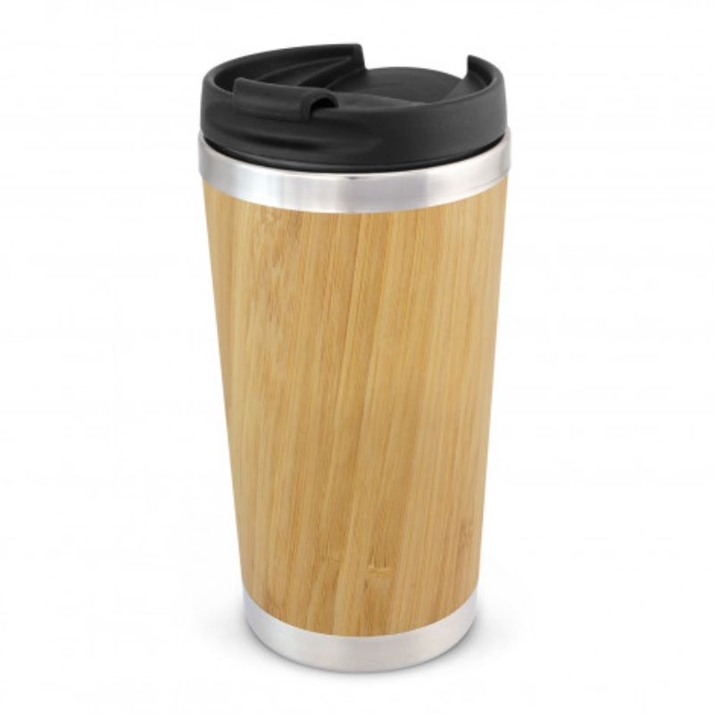 Bamboo Double Wall Cup with stainless steel inner, secure lid, eco-friendly, stylish, and handwash only, in natural finish.