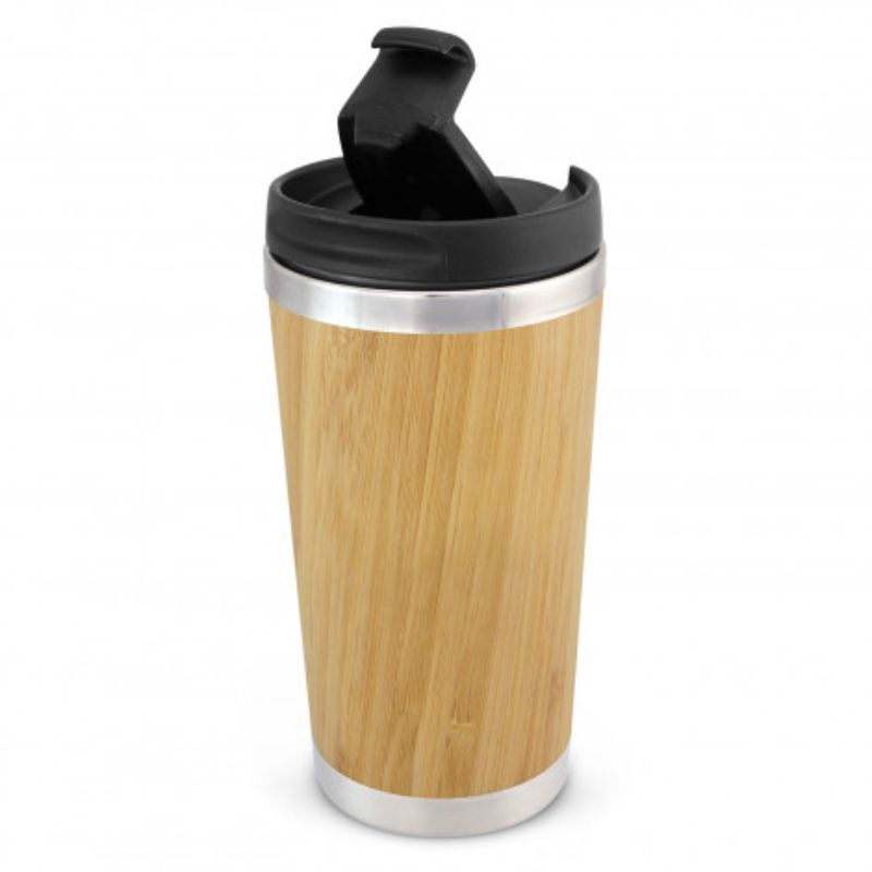Eco-friendly 350ml bamboo double wall cup with stainless steel lining, secure lid, and unique natural grain patterns.