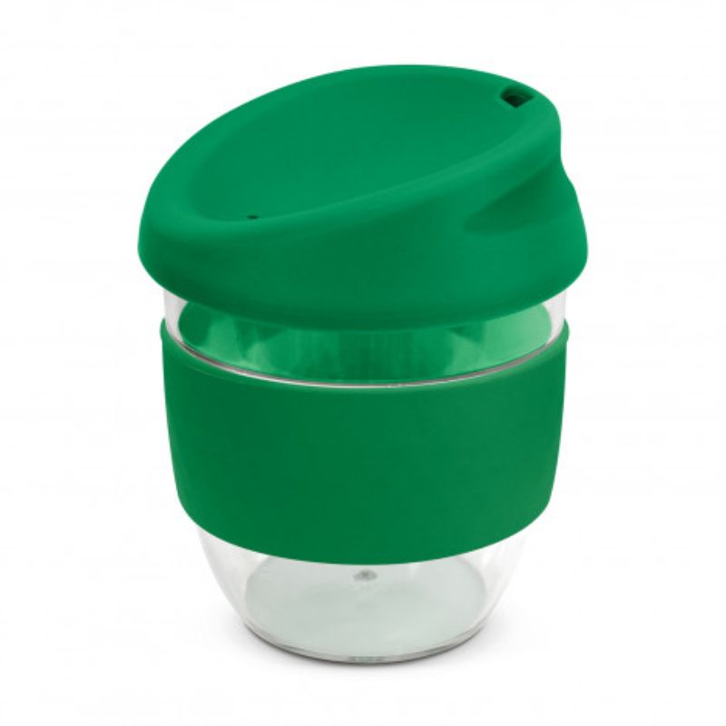 Set of 3 dark green Tritan coffee cups with silicone lids and bands, designed for durability and eco-friendly use.