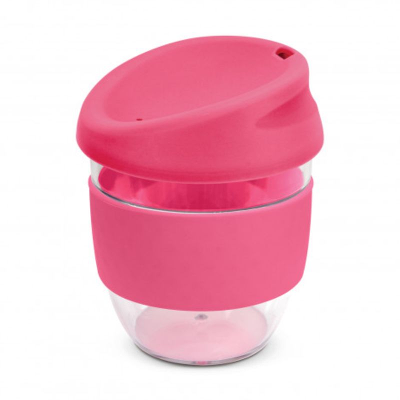 Set of 3 pink Tritan coffee cups (230ml) with silicone lids and bands, shatterproof and BPA-free, ideal for on-the-go beverages.