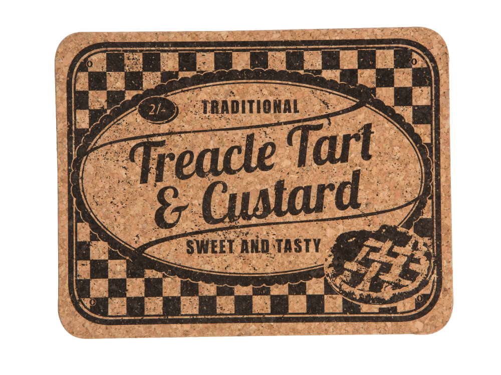 Cork tablemats featuring Jam Roly-Poly and Treacle Tart designs, adding whimsy and elegance to dining spaces.