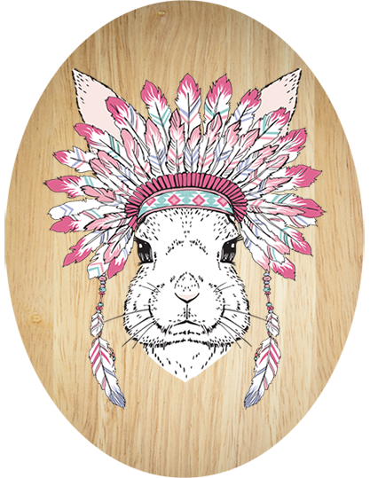Vibrant Tribal Bunny plywood oval wall art, eco-friendly, perfect for nursery or gallery wall, ready to hang.