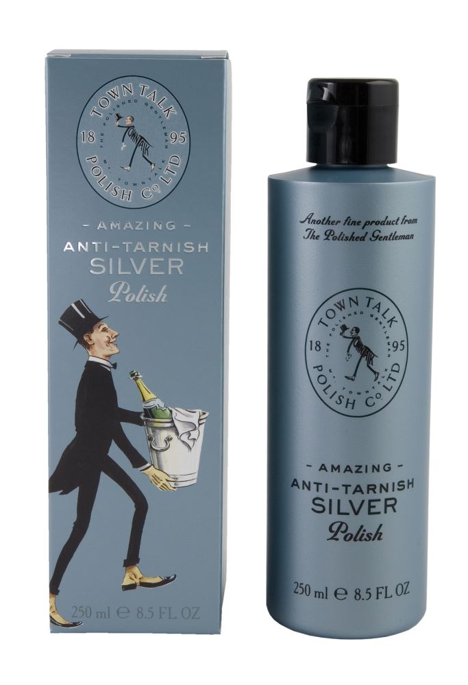 Silver Polish Anti Tarnish 250ml bottle designed to restore tarnished silverware with a pH neutral, eco-friendly formula.