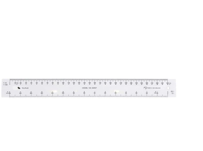 Transparent 300mm Taurus scale ruler with clear metric and imperial markings for precise measuring and drawing.