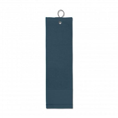 High-quality navy golf towel with clip, made of 340gsm cotton for durability and absorbency, perfect for every golfer.