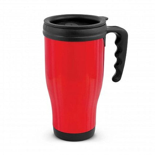 Set of 6 vibrant red commuter travel mugs with double wall design, keeping drinks hot and stylish on the go.