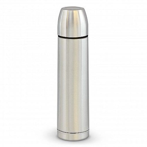 Stylish silver vacuum flask (750ml) with double wall insulation, keeps drinks cold for 24 hrs, hot for 12 hrs, and includes a cup.