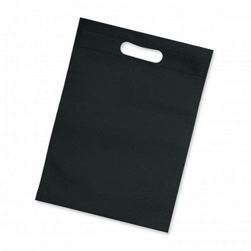 Black eco-friendly gift tote bags with die-cut hand grips, 80gsm, H 260mm x W 180mm, pack of 50 for sustainable gifting.