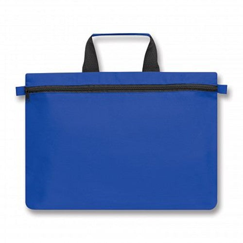 Set of 10 blue Expo Satchels made from eco-friendly material, featuring zippered closures and woven handles for portability.
