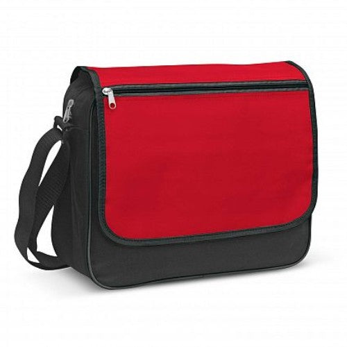 Red Soho Messenger Bag set of 3, featuring durable polyester, a large front pocket, adjustable strap, and water bottle carrier.