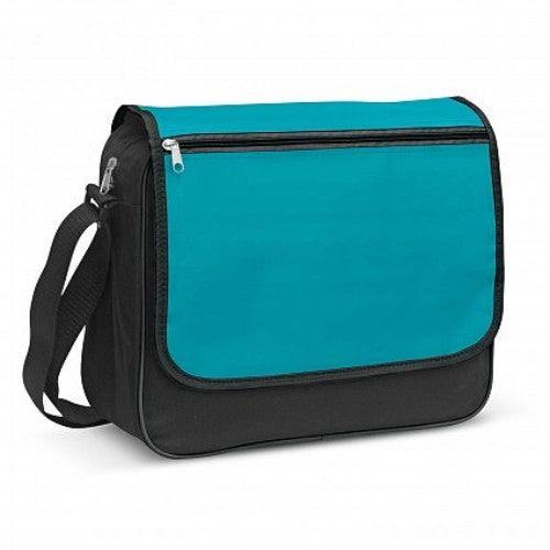 Light blue Soho Messenger Bag set of 3 with adjustable strap, gusset design, front pocket, and water bottle carrier.