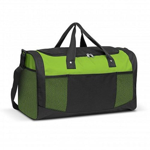 Bright green Quest Duffle Bag with robust 600D polyester, adjustable strap, and multiple pockets for organization.