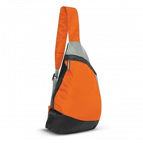 Bright orange Varsity Slinger Bag set of 10, durable with adjustable strap, zippered compartment, and water bottle carrier.