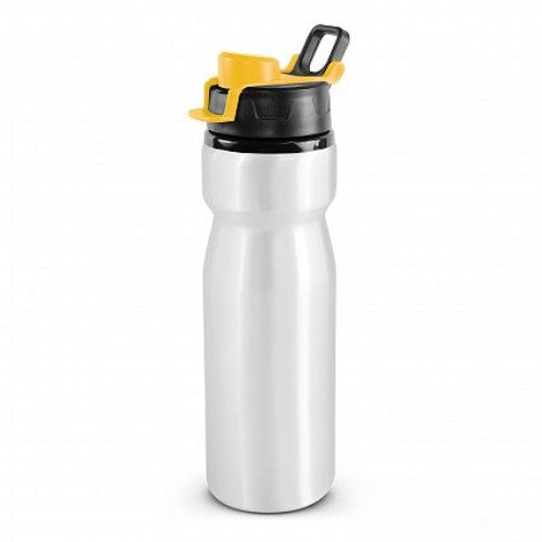 Set of 6 Viper aluminum drink bottles in white and yellow, featuring leak-proof snap caps and carry handles for convenient hydration.