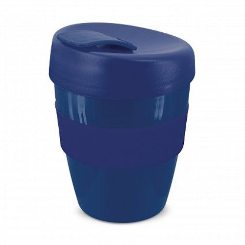 Set of 12 dark blue reusable coffee cups with silicone bands, shatterproof design, and splash-proof lids for eco-friendly sipping.