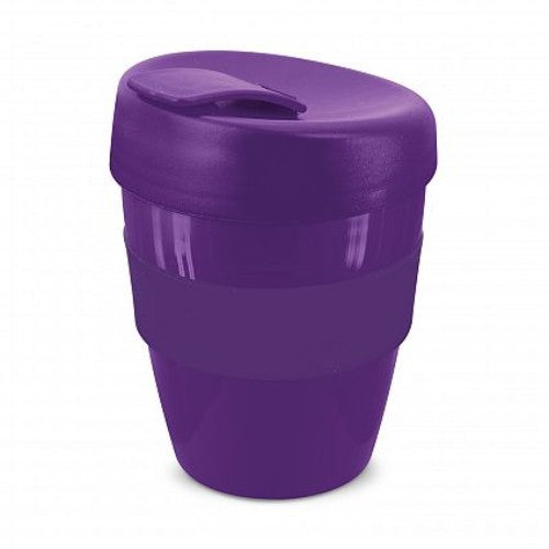 Set of 12 purple reusable coffee cups, 350ml, with heat-resistant band and secure lid for eco-friendly sipping.