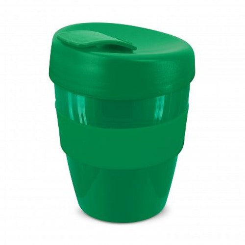 Set of 12 dark green 350ml reusable coffee cups with silicone band, secure lid, and eco-friendly design.