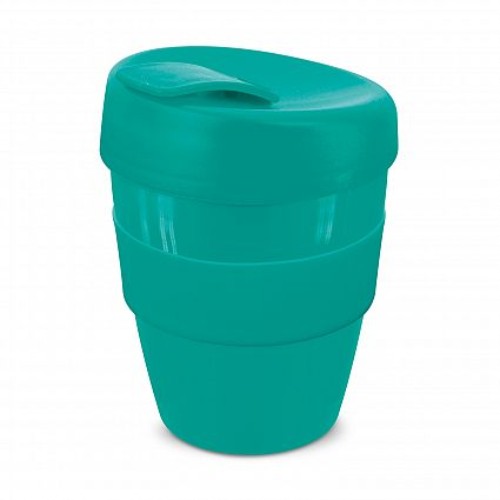 Set of 12 teal reusable coffee cups, 350ml, featuring a silicone band, screw-on lid, and splash-proof closure.