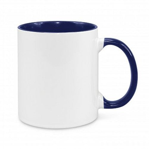 Set of 6 elegant two-tone coffee mugs in white and dark blue, perfect for hot beverages and stylish gifting.