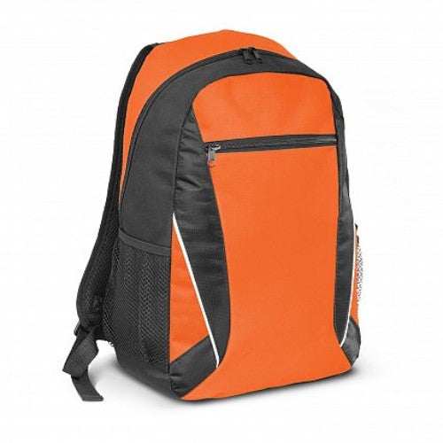 Vibrant orange Navara Backpack with padded back, adjustable straps, and multiple pockets for style and practicality.