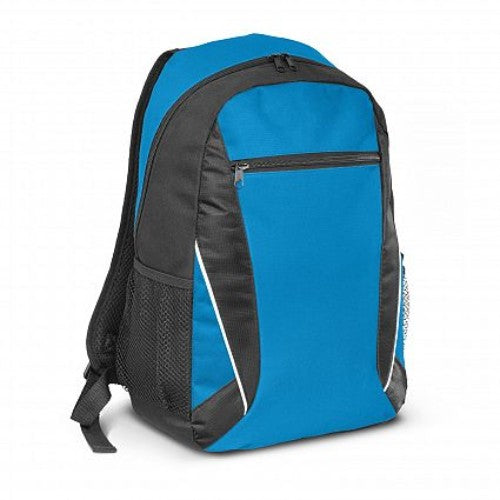 Light blue Navara Backpack with white piping, padded back, adjustable straps, front zip pocket, and mesh side pockets.