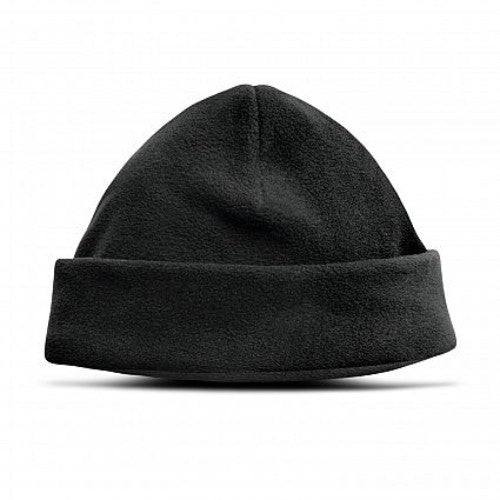 Set of 10 black polar fleece beanies with roll-up cuffs, perfect for warmth and style in winter activities.
