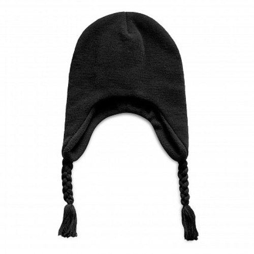 Warm black Andean Chullo beanie with soft fleece lining and platted tassels, providing style and comfort in cold weather.