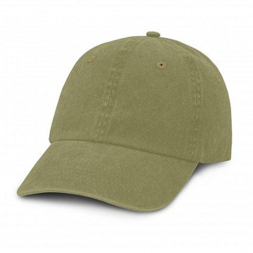 Set of 6 khaki stone washed caps made from durable cotton, featuring breathable eyelets and adjustable fit.