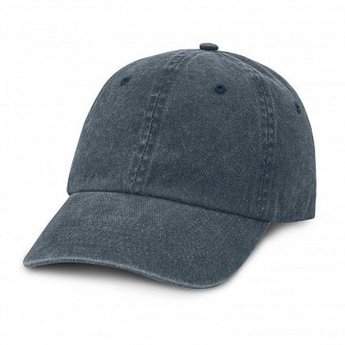 Set of 6 blue stone-washed caps with adjustable closures, embroidered eyelets, and pre-curved peaks for comfort and style.