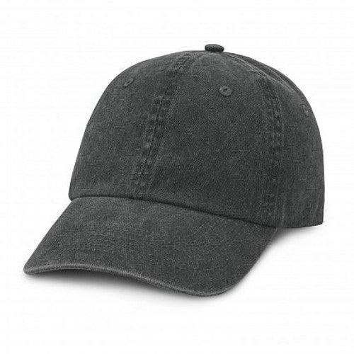 Set of 6 black stone washed caps featuring breathable eyelets, pre-curved peak, sweatband, and adjustable closure.