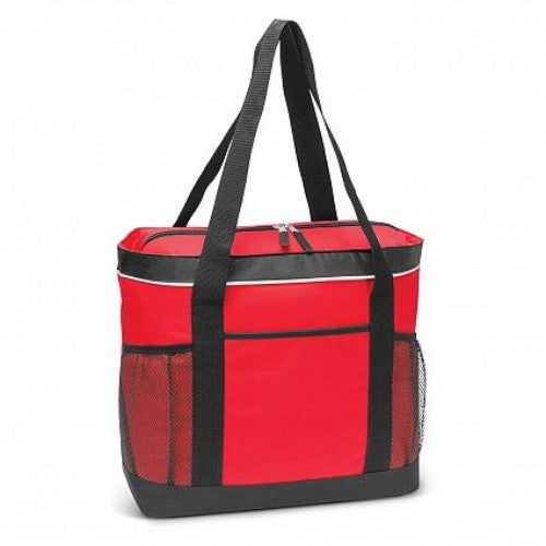 Red zero cooler tote with 26L capacity, waterproof lining, insulated, durable fabric, zippered top, and extra wide handles.