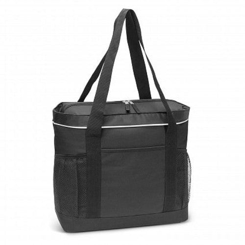 Stylish black cooler tote with 26L capacity, waterproof insulation, zippered top, and extra wide handles for easy carrying.